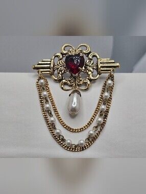 Vintage Style Filigree Heart Brooch Red Stone Faux Pearl Dangle Victorian Pin